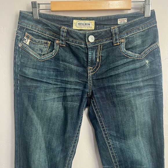 MEK Denim Mazatlan Boot Cut Buckle Flap Pocket Denim Jeans 27x34 Distressed - Picture 2 of 8